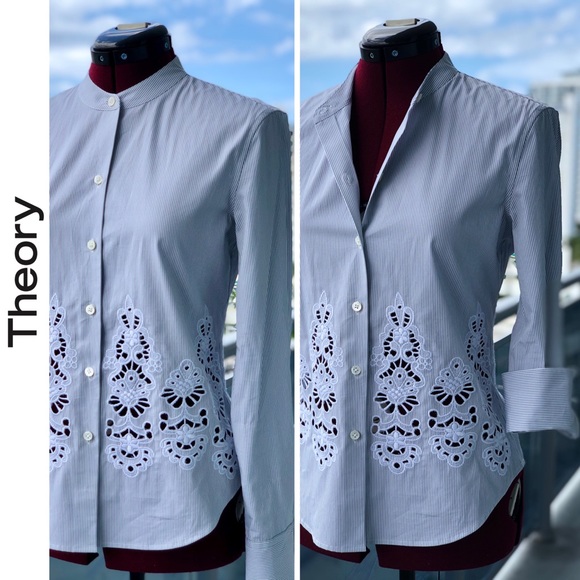 Theory Weylend Grey/White Stripe Shirt / Blouse - Picture 5 of 12